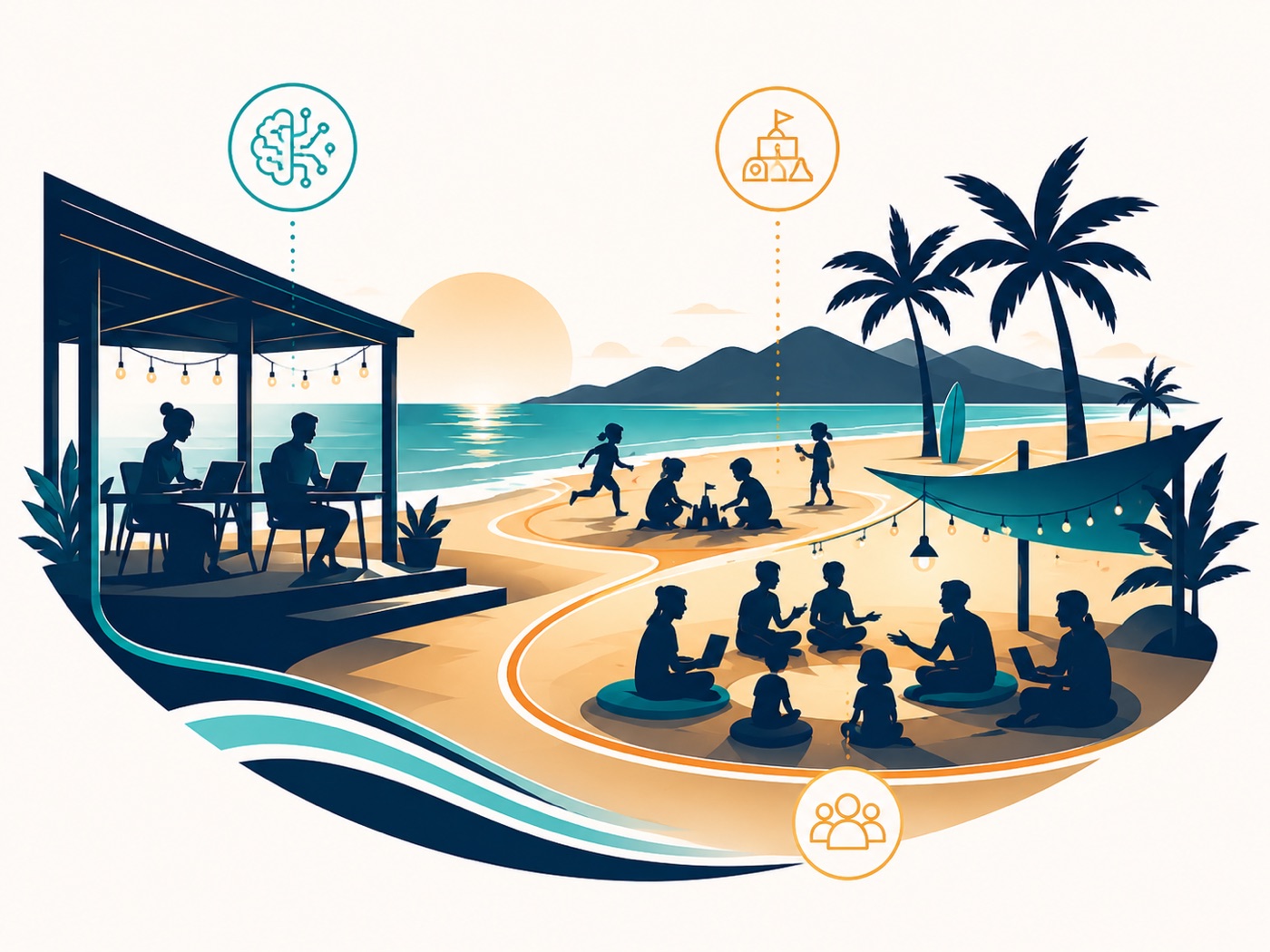 A day at Pro Paradise AI Beach Camp — builders at the beach bar, kids playing on the sand, group circles, sunset over the ocean