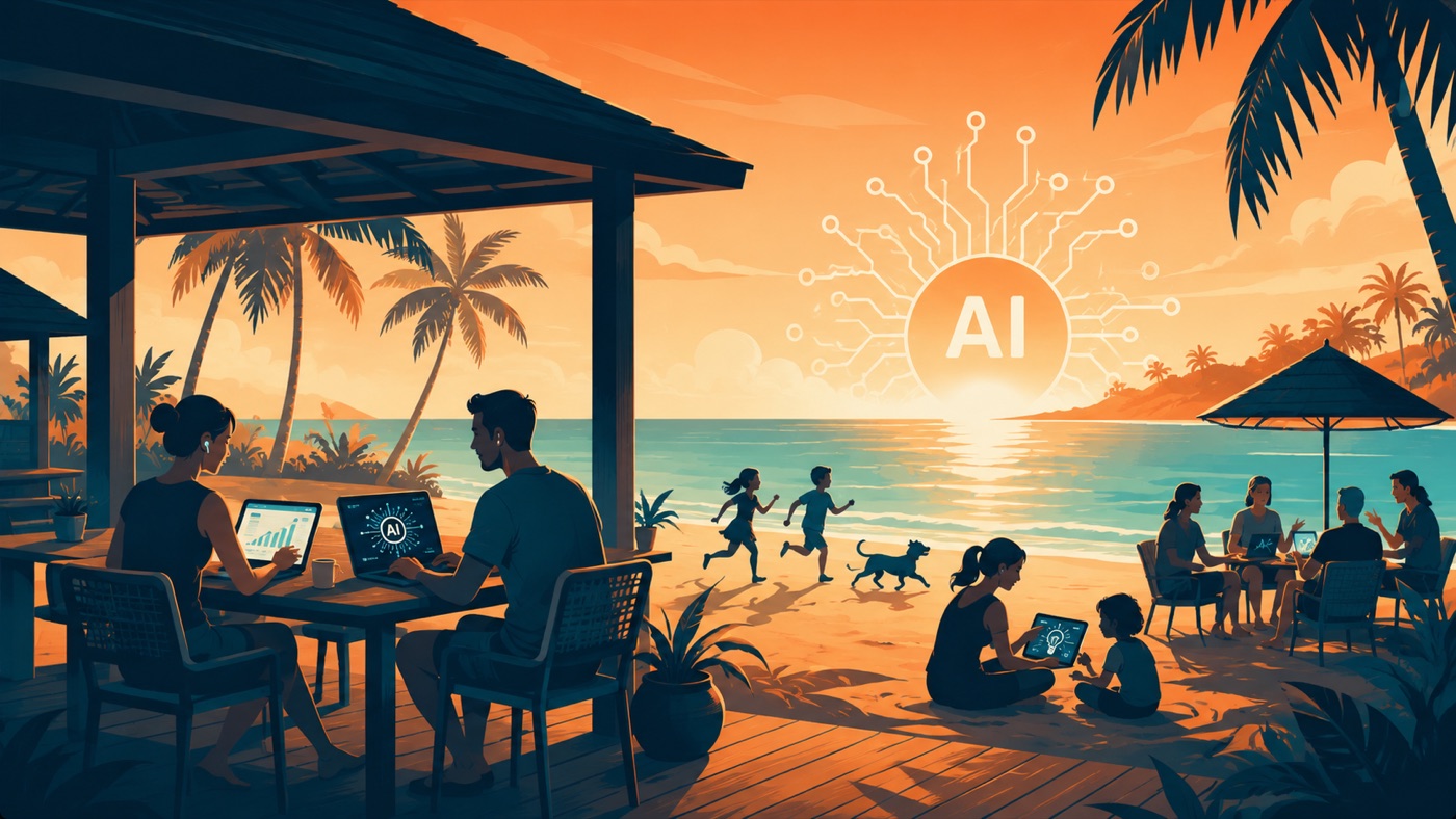 Vibes at AI Beachcamp — builders at a beach bar with laptops at sunset, kids running with a dog on the sand, families together, AI radiance over the ocean