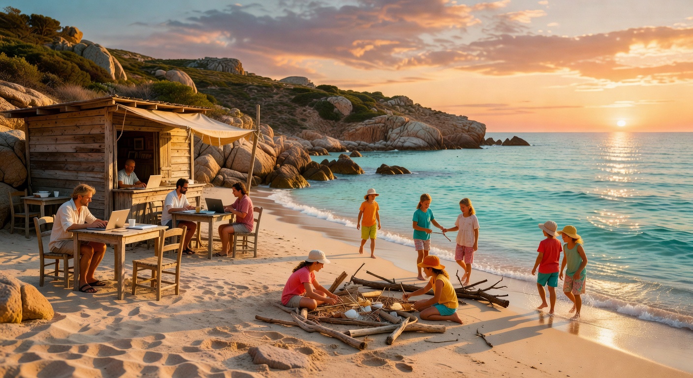 Beach bar with people working and kids playing nearby