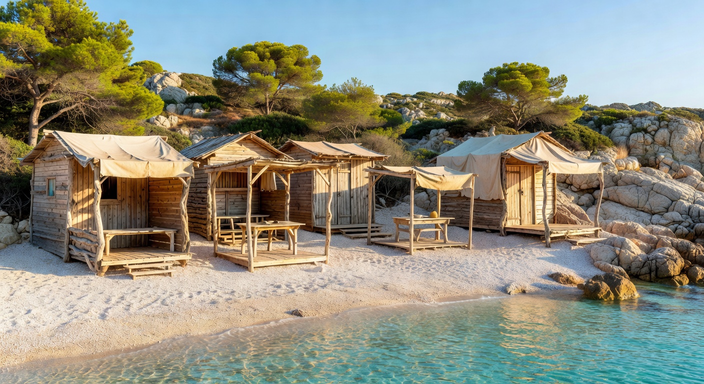 Rustic beach huts on a remote Mediterranean beach