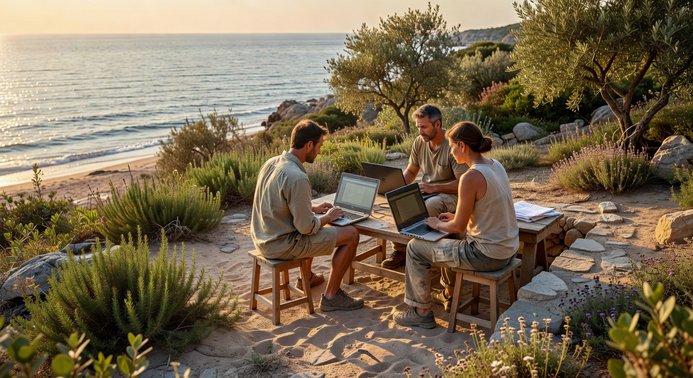 Builders working on a remote Mediterranean beach