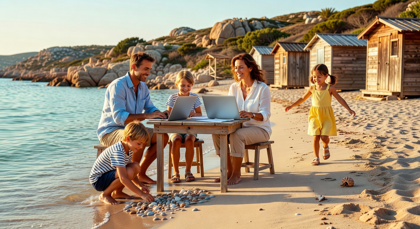 Parents working near the water while kids play