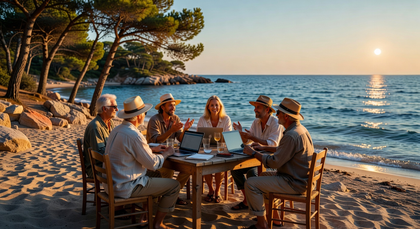 Small group at sunset on a remote Mediterranean beach